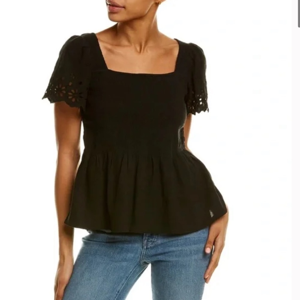 Madewell Eyelet Sleeve Lucie Smocked Top Black